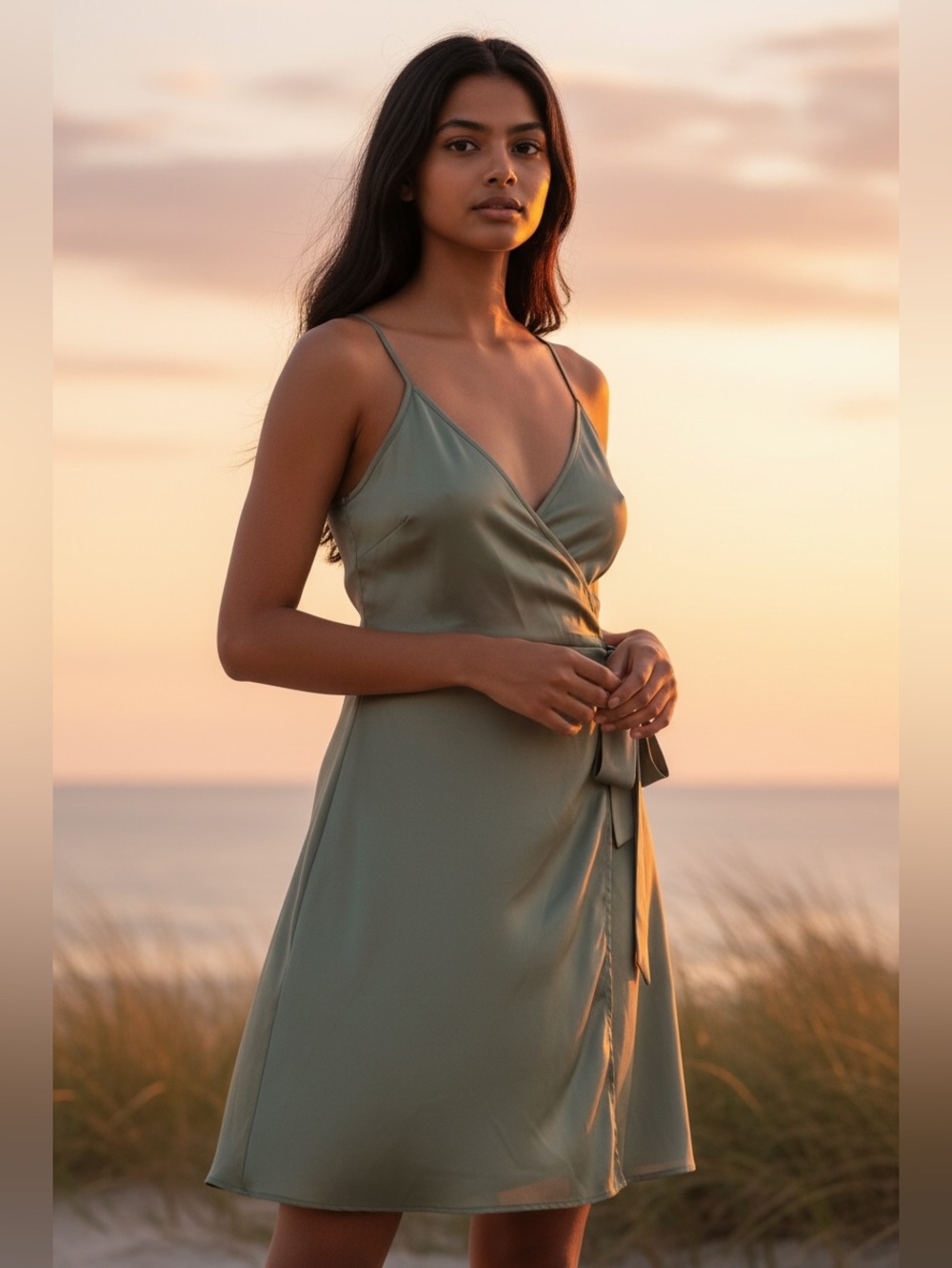 ASOS Satin Wrap Mini Dress in Sage